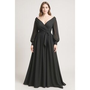 POMUYOO Black V Neck Long‎ Sleeve Wrap Empire Waist Maxi Dress Formal Gown 49-36